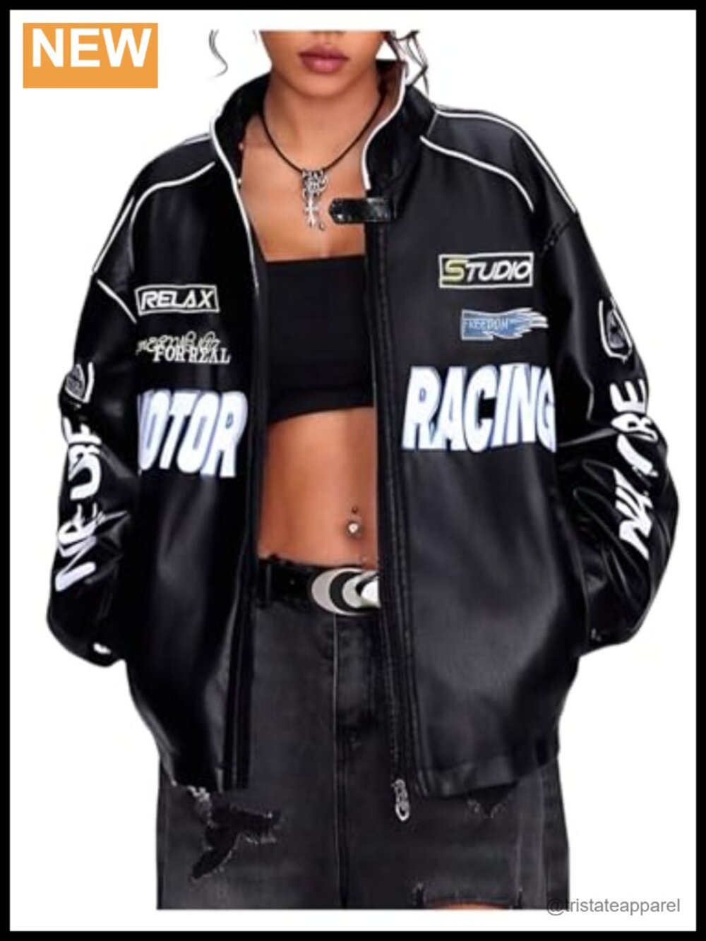 Women's Faux Leather Racer Jacket Y2k Graphic Streetwear Oversized Coat